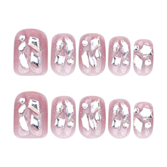 Soft Pink Sparkling Rhinestone Press on Nails, Short Squoval Glitter Glossy False Nails with Geometric Rhinestone Accent, 10 Count