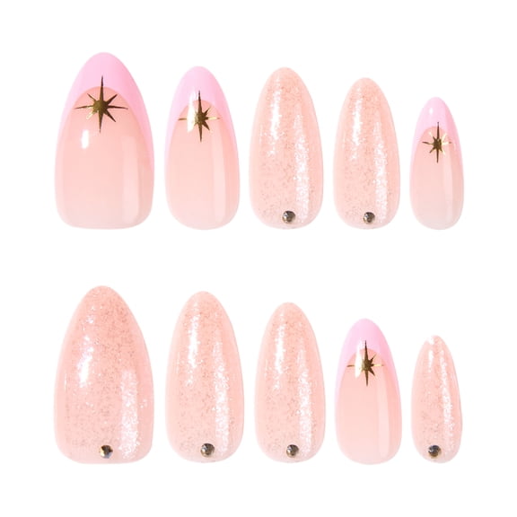Soft Pink Star Design Glitter Gradient Press on Nails, Medium Almond Glossy Glitter False Nails with Rhinestone Accent, 24 Count