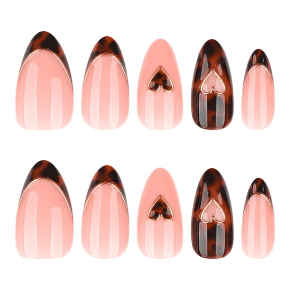 Soft Pink Tortoise Shell Heart Press on Nails, Medium Almond Glossy False Nails, 24 Count