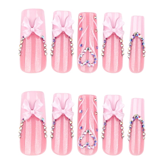 Soft Pink Vertical Stripe with 3D Bow & Rhinestone Accent Press on Nails, Medium Almond Glossy Artificial Nails with Heart Design, 24 Count