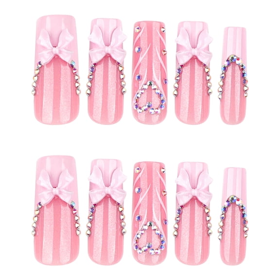 Soft Pink Vertical Stripe with 3D Bow & Rhinestone Accent Press on Nails, Medium Almond Glossy Artificial Nails with Heart Design, 24 Count