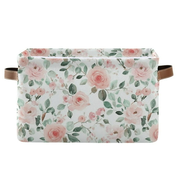 Soft Pink Watercolor Floral Storage Bins with Handle Fabric Organizer Basket Foldable Box 1 Pack 14.2x10.2x8.3