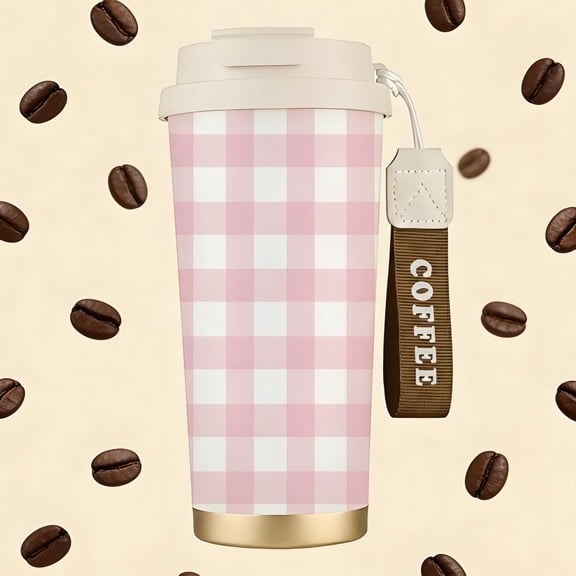 Soft Pink and White Gingham Check Stainless Steel Insulated Coffee Cup with Double Drink Design， Portable Travel Tumbler with COFFEE Wrist Strap， Reusable Thermal Mug