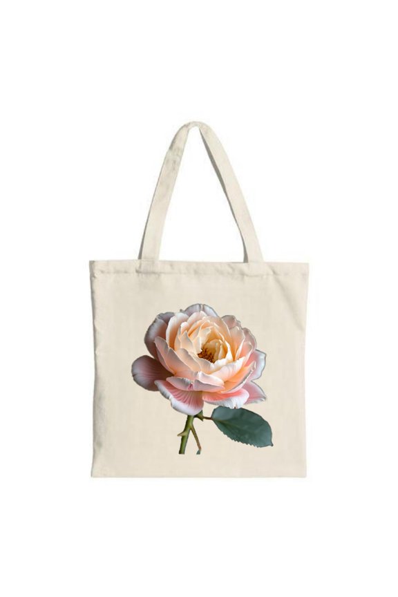 Soft Pink and Peach Rose Canvas Tote Bag - Multifunctional Reusable Shopping Bag with Green Stem Perfect for Parties and Travel