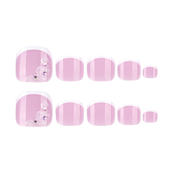 Soft Pink with White Tips French Tip Floral Rhinestone Accent Press on Toenails, Short Squoval Glossy Fake Toenails, 24 Count