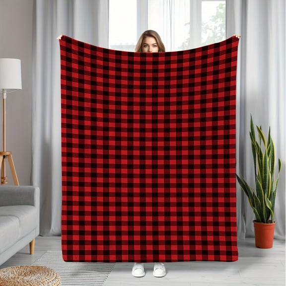 Soft Plaid Flannel Blanket, Red & Black Checkered, All-Season Lightweight, Comfortable, Polyester, Digital Print, Contemporary Style, for Bed, Sofa, Office, Camping, Travel - 200-250g Fabric Weight