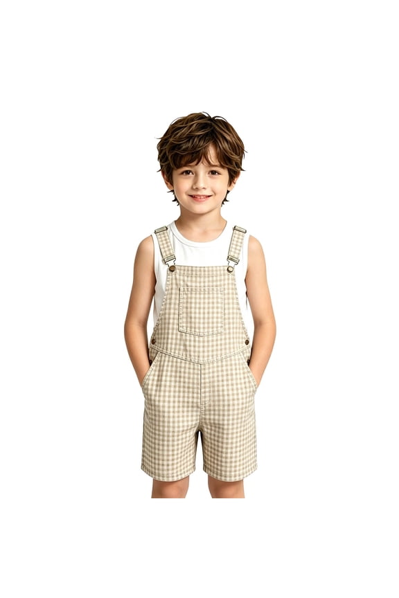 Soft Plaid Overalls for Kids Boys Girls Shortalls Adjustable Strap Rompe with Pockets Casual Summer Jumpsuit