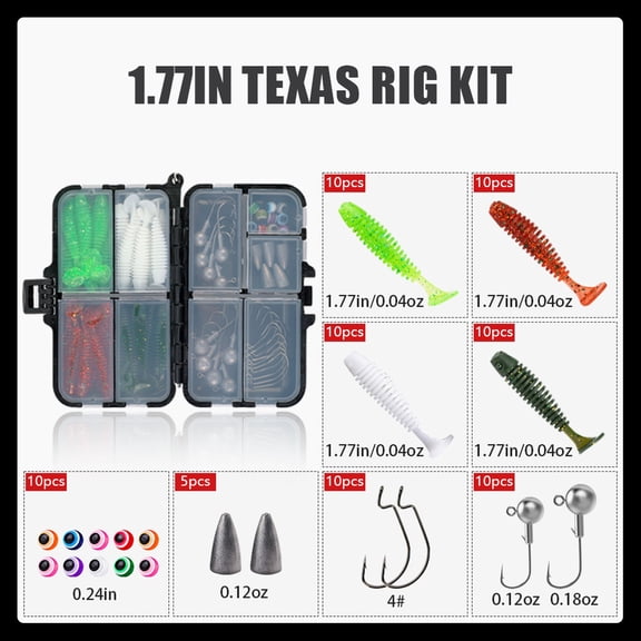 Soft Plastic Bait Full Set, Weedless Fishing Lures, Worm Hooks for Bass Fishing, Fishing Tackle Box with Tackle Included, 75-Piece 4.5Cm Shad and Minnow Rig Kit, 4.5X2.5X1.5 Inch
