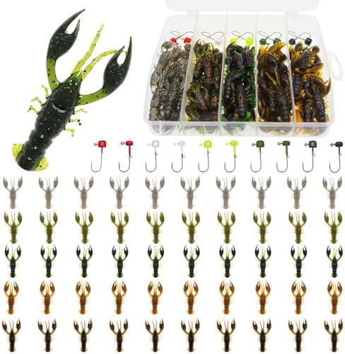 Soft Plastic Crawfish Lures Kit with Jig Heads, 25pcs/60pcs Creature Baits Fishing Lure Set for Bass Trout Pike Freshwater Fishing