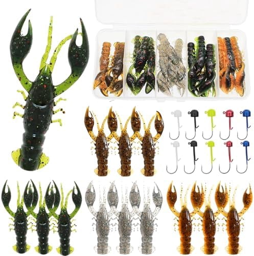 Soft Plastic Crawfish Lures Kit with Jig Heads, 25pcs/60pcs Creature Baits Fishing Lure Set for Bass Trout Pike Freshwater Fishing