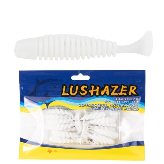 Soft Plastic Fishing Lures, White Ribbed T-Tail Worms 1.8 inch, 20 Pack Micro Drop Shot Baits, for Freshwater and Saltwater Trout Bass Redfish Tilapia Species Fishing