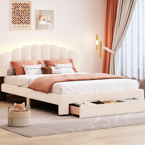 Soft Platform Bed With Drawer And Headboard Connections Upholstered Classic Stripe In Beige