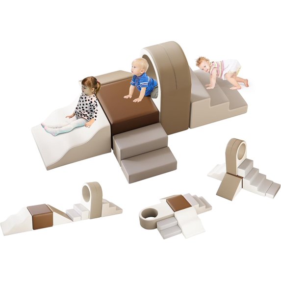 Soft Play Climbing for Toddlers, Akaber 7pcs Foam Climbing Blocks for Toddlers for Nursery, Living Room, Baby Climbing Blocks with Tunnel for Climb, Crawl and Slide