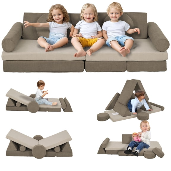 Soft Play Mat Qaba Modular Kids Play Couch, 12 Piece Kids Couch for Playroom Bedroom, Convertible Sofa Lounger for Boys & Girls, Khaki,Toddler Play Mat