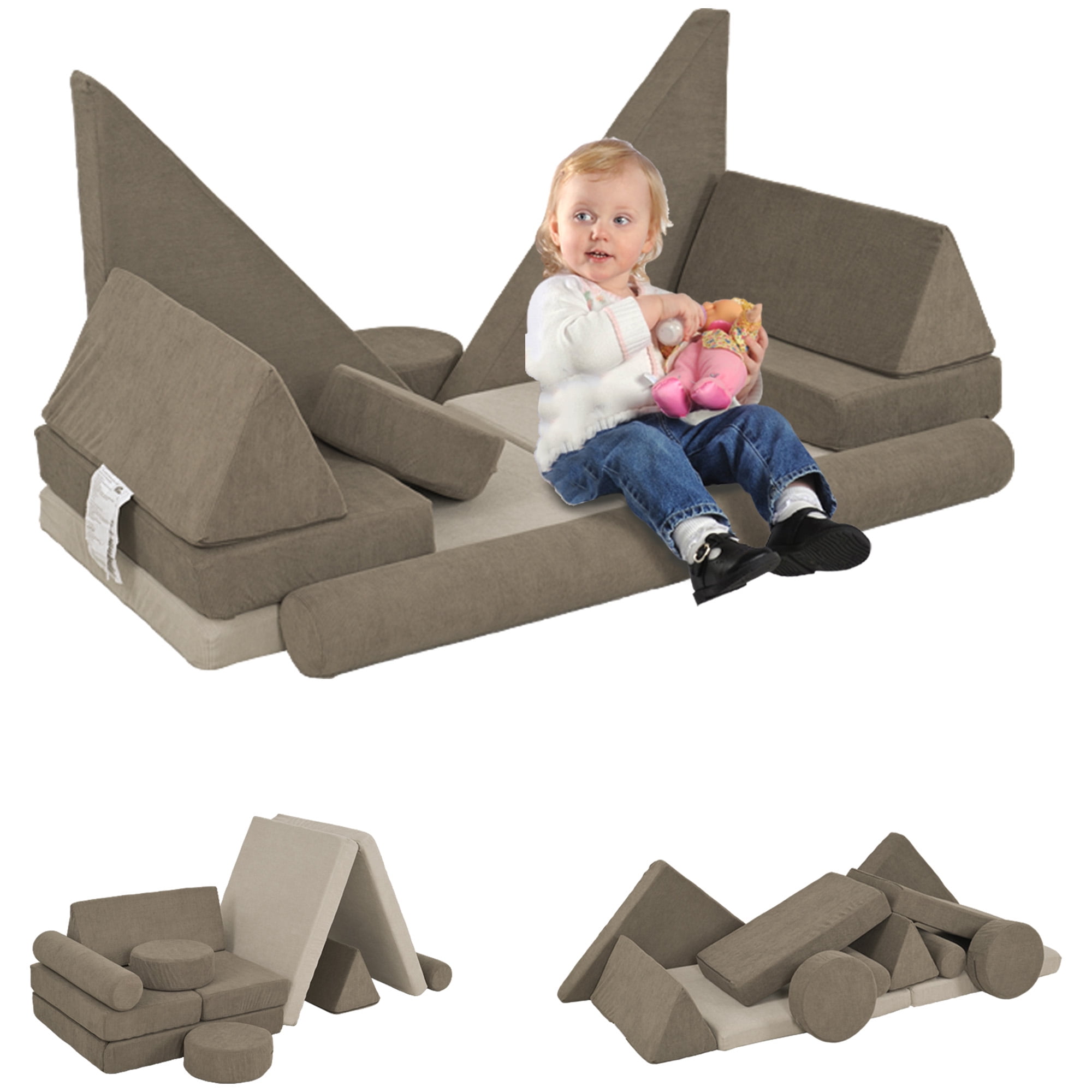 Soft Play Mat Qaba Modular Kids Play Couch, 12 Piece Kids Couch for Playroom Bedroom, Convertible Sofa Lounger for Boys & Girls, Khaki,Toddler Play Mat