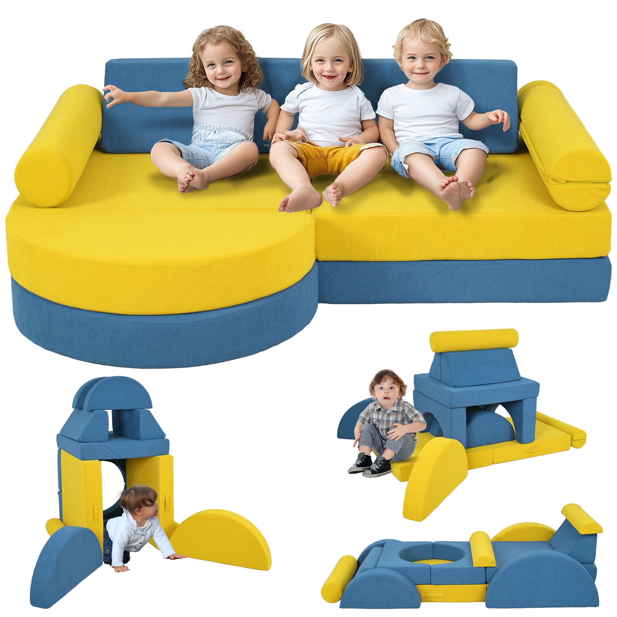 Soft Play Mat Qaba Modular Kids Play Couch, 14 Piece Kids Couch, Child Sectional Sofa for Playing, Sitting & Sleeping, Convertible Foam Floor Cushions for Boys & Girls, Yellow,Toddler Play Mat