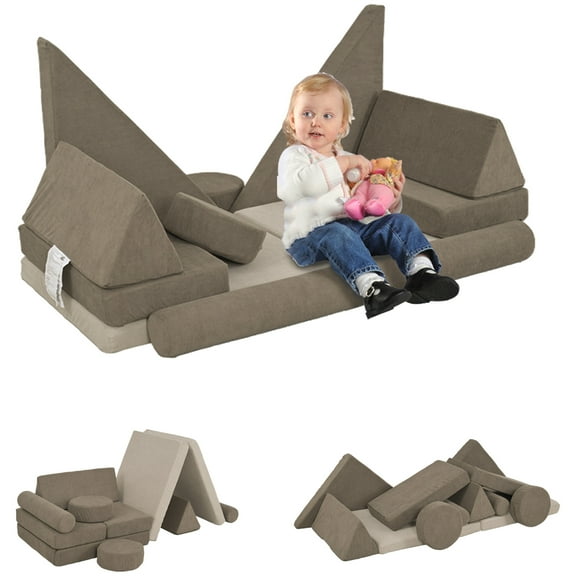 Soft Play Sets Qaba Modular Kids Play Couch, 12 Piece Kids Couch for Playroom Bedroom, Convertible Sofa Lounger for Boys & Girls, Khaki,Indoor Soft Play
