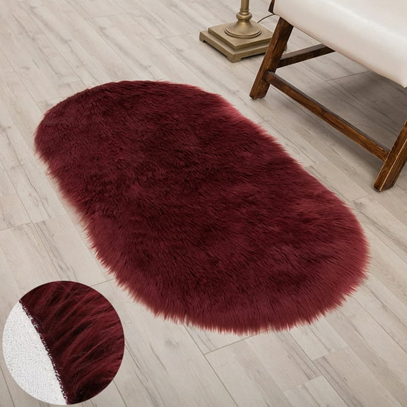 Soft Plush Area Rug Oval 20x 32inch Dark Red Shaggy Faux Sheepskin Small Fuzzy Mat Chair Cushion Living Room Bedroom
