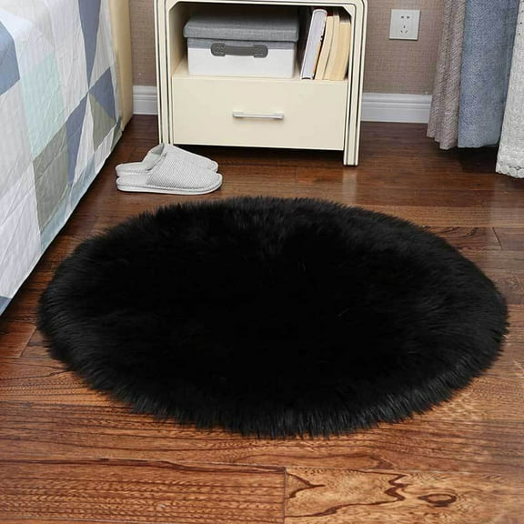 Soft Plush Area Rugs Circle Diameter 2.5ft Shaggy Rug Round Floor Mat for Bedroom Nursery Living Room Fluffy Black Pad