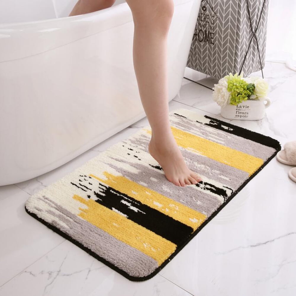 Soft Plush Bathroom Rugs Non-Slip 16" x 24" Fluffy Absorbent Microfiber Yellow Gray Bath Mats Machine Washable