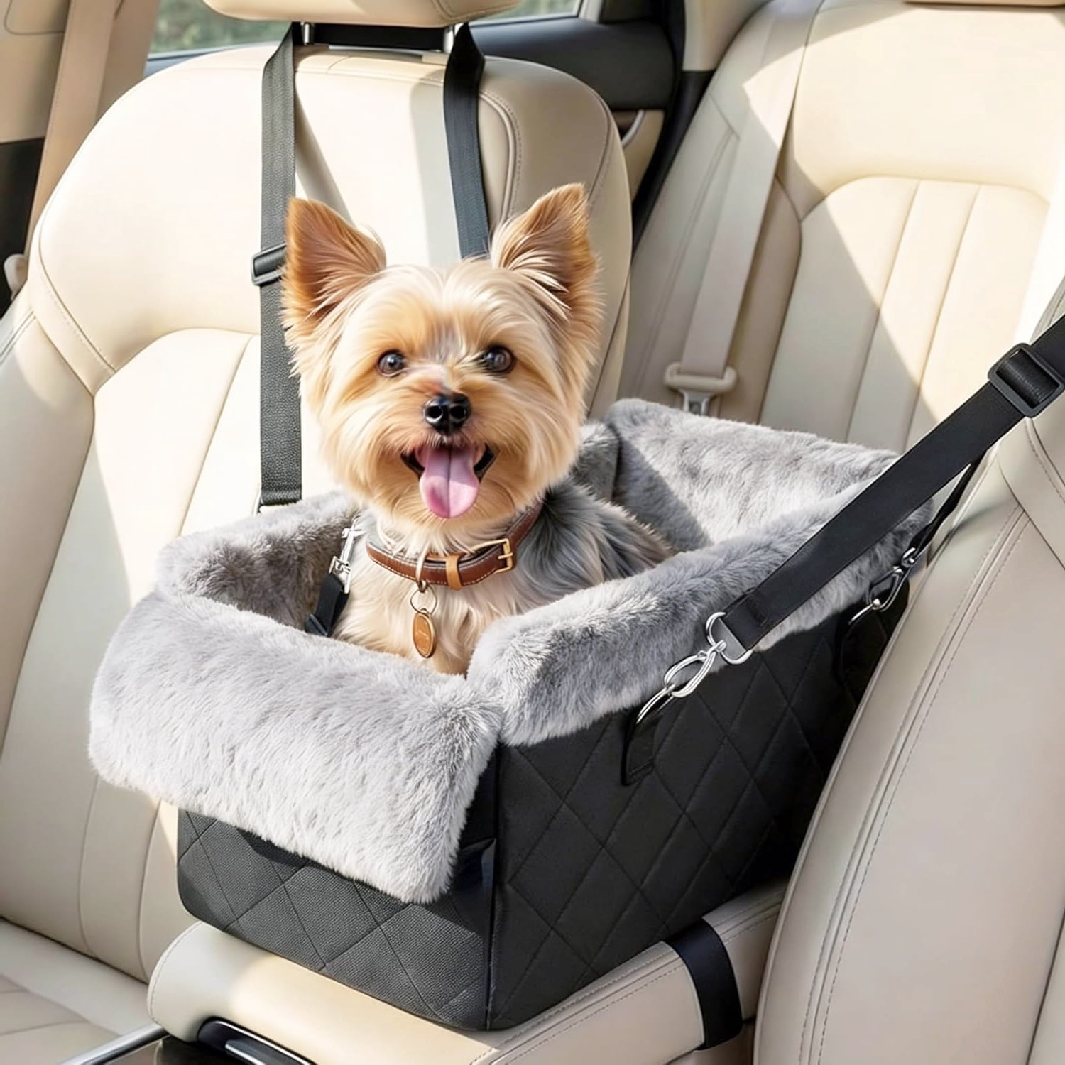 Soft Plush Black Car Seat for Small Dogs Under 12 LBS Safe Comfortable Travel