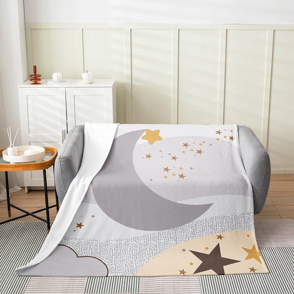 Soft Plush Blanket Moon And Stars Pattern Warm Flannel Throw Blanket for Bed Couch Sofa