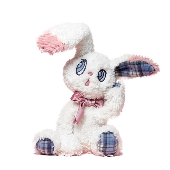 Soft Plush Bunny Rabbit Stuffed Animal Toy - Fluffy White Plush with Pink Bow, Checkered Ear & Paw Accents, Huggable & Cuddly Design - for Kids Toddlers, Bedroom Decor, Nursery, Xmas Birthday, Baby S