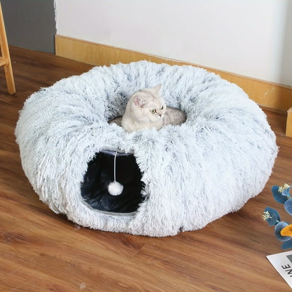 Soft Plush Cat Tunnel with Cozy Donut Bed - Multi-Functional Hideout/Playhouse for Indoor Cats, Kittens, Rabbits & Ferrets, Large Tube with Peeping Holes for Hide & Seek, Durable Pet Toy