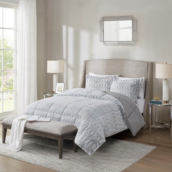 Soft Plush Comforter Set, Long Faux Fur Bedding Set, Mid Century Down Alternative Beddingnull with 2 Matching Shams, Twin/Twin XL, Grey 3 Piece