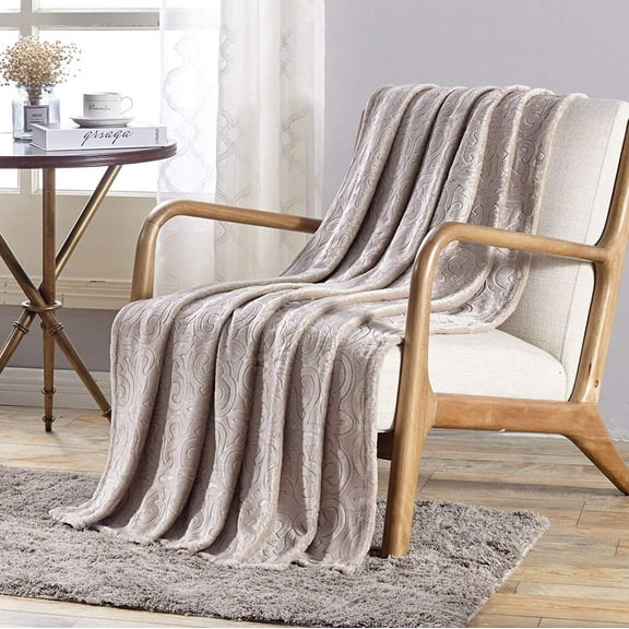 Soft Plush Contemporary Scroll Embossed Dama Collection 50x60 Throw Blanket, Ivory