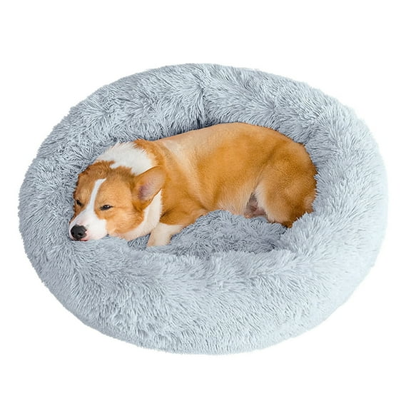 Soft Plush Dog Bed, Dog Cat Luxury Faux Fur Donut Cushion, Warm Cozy Joint Anxiety Relief Sleeper 70 cm(Grey)