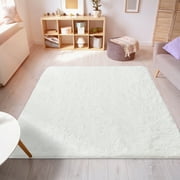 Soft Plush Faux Fur Area Rug 3x5 Feet, Luxury Modern Rugs Rectangular Fuzzy Carpet for Bedroom, Living room, Kids Room, White