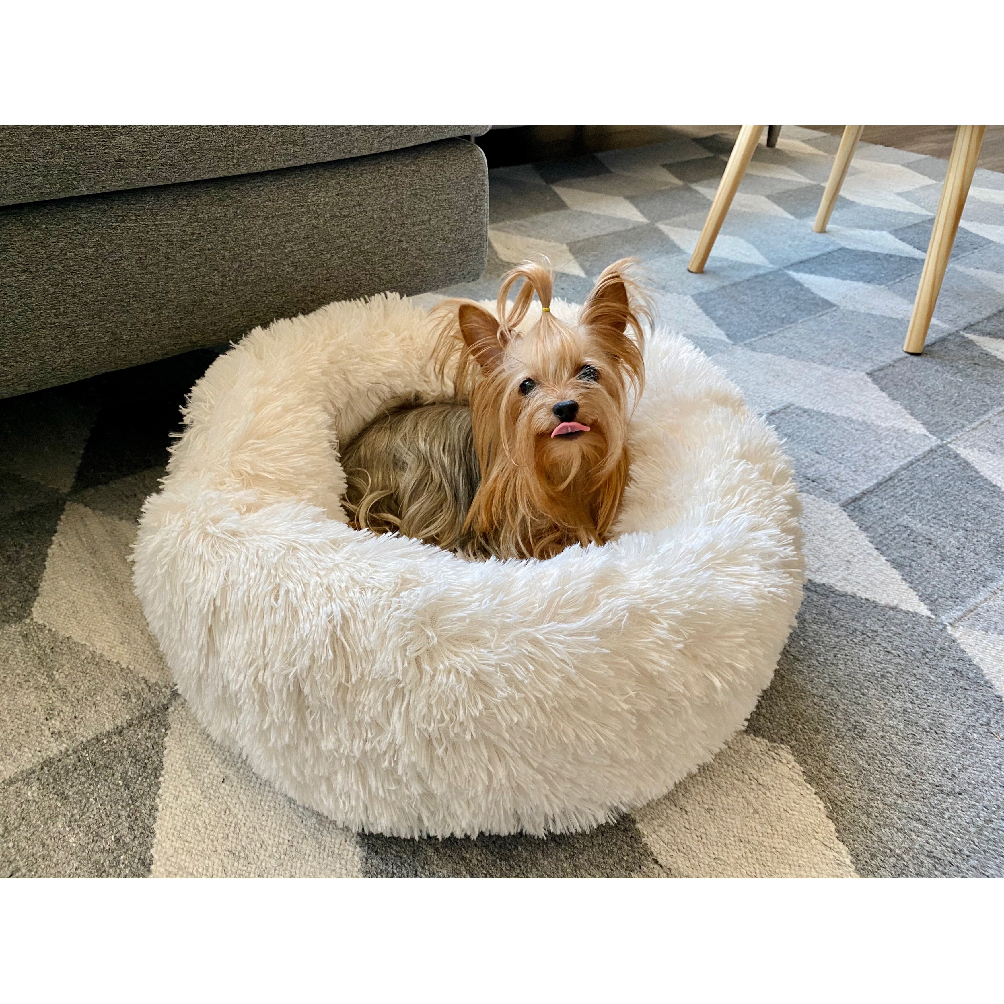 Soft Plush FauxFur Fluffy Round Donut Pet Bed for Dogs and Cats White
