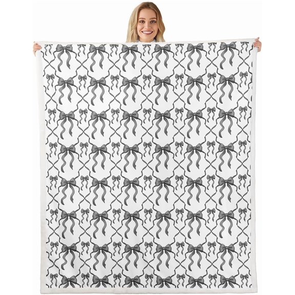Soft Plush Fleece Blanket With Cute Bowknot Pattern Grey And White Coquette Bed Throw For Couch