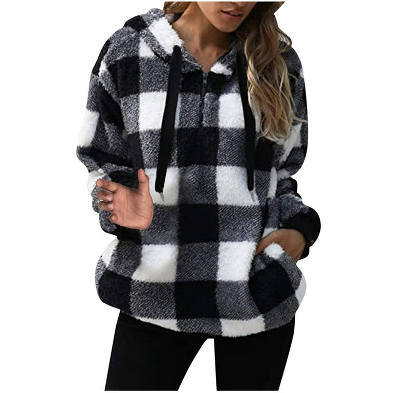 Soft Plush Fleece Plaid Hoodies for Women Trendy Long Sleeve Drawstring Quarter Zip Pullover Hooded Sweatshirt 3X Large Black Walmart