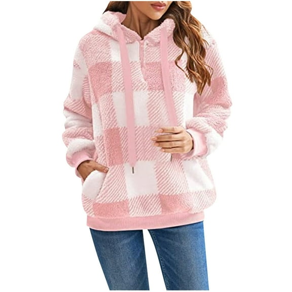 Soft Plush Fleece Plaid Hoodies for Women Trendy Long Sleeve Drawstring Quarter Zip Pullover Hooded Sweatshirt (3X-Large, Pink)