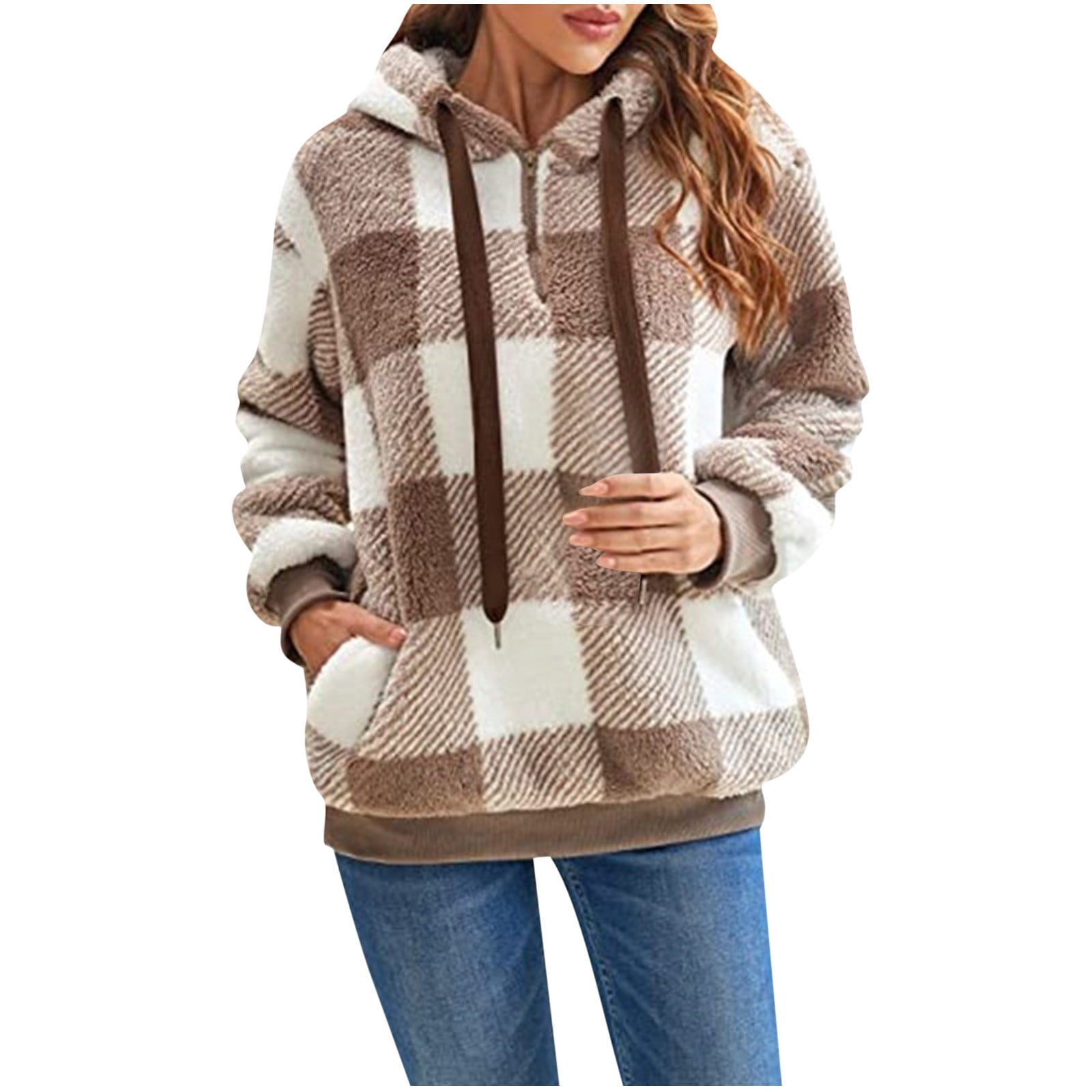 Soft Plush Fleece Plaid Hoodies for Women Trendy Long Sleeve Drawstring Quarter Zip Pullover Hooded Sweatshirt Small Khaki Walmart Business Supplies