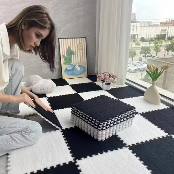 Soft Plush Foam Puzzle Mat Carpet Tiles for Living Room Bedroom Baby Play Area Non-Slip Interlocking Floor Rug Baby Play Mat