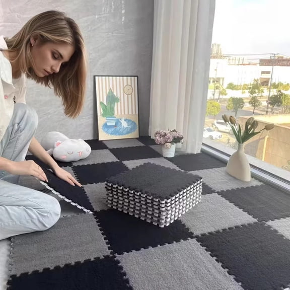 Soft Plush Foam Puzzle Mat Carpet Tiles for Living Room Bedroom Baby Play Area Non-Slip Interlocking Floor Rug Baby Play Mat