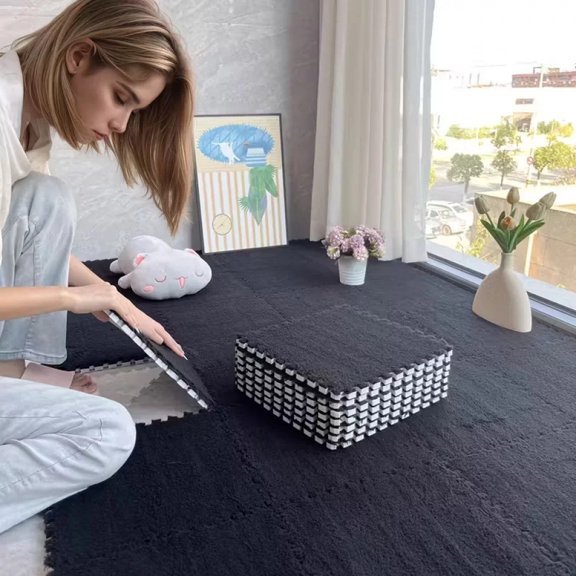 Soft Plush Foam Puzzle Mat Carpet Tiles for Living Room Bedroom Baby Play Area Non-Slip Interlocking Floor Rug Baby Play Mat