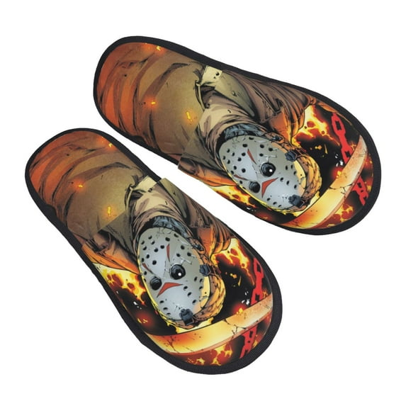 Soft Plush Furry Slippers, Jason Voorhees Friday the 13th House Slippers Indoor Anti-Slip Comfy Home Large