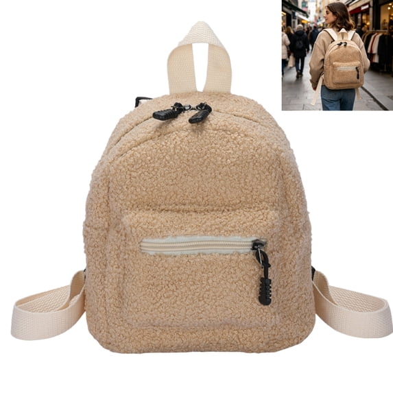 Soft Plush Mini Backpack, Lightweight Small Casual Daypack with Zipper Compartments, Fashion Compact Shoulder Bag for Shopping Walking Short Trips