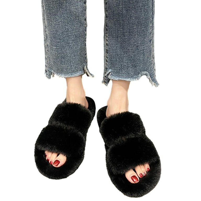 Soft Plush Open Toe Furs Slides Fuzzy Slip on House Shoes Indoor