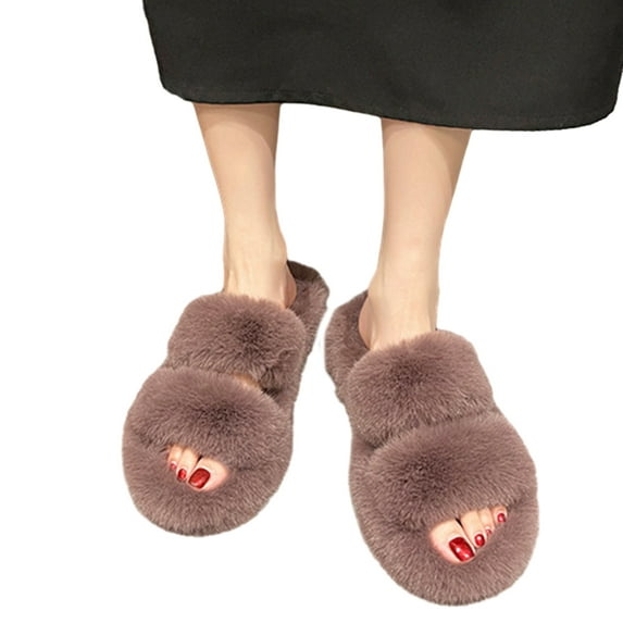 Soft Plush Open Toe Furs Slides Fuzzy Slip on House Shoes Indoor Outdoor Slippers