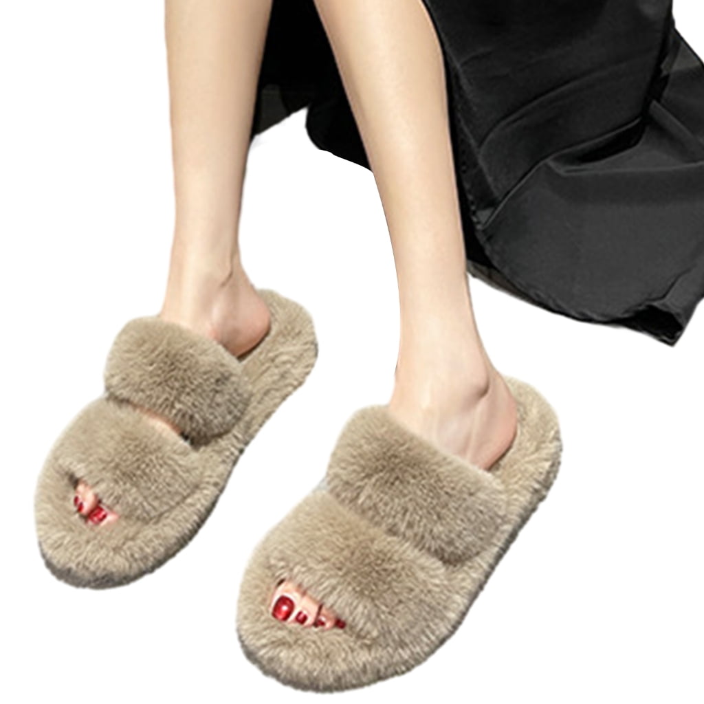 Soft Plush Open Toe Furs Slides Fuzzy Slip on House Shoes Indoor