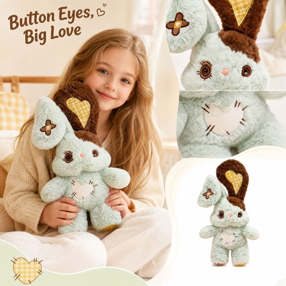 Soft Plush Patchwork Bunny Figurine Cute Long Ear Rabbit Doll for Desk Bedside Home Decoration Adorable Stuffed Animal Display Toy Gift for Kids Teens Adults