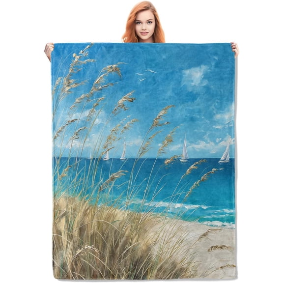 Soft Plush Photo Blanket Beach Sea Gifts For Women Adults Warm Lightweight Cozy Seaside Coastal Blue Ocean Nautical Modern Throw S For Bed Living Room Sofa Travel Home Decor Customized Gift