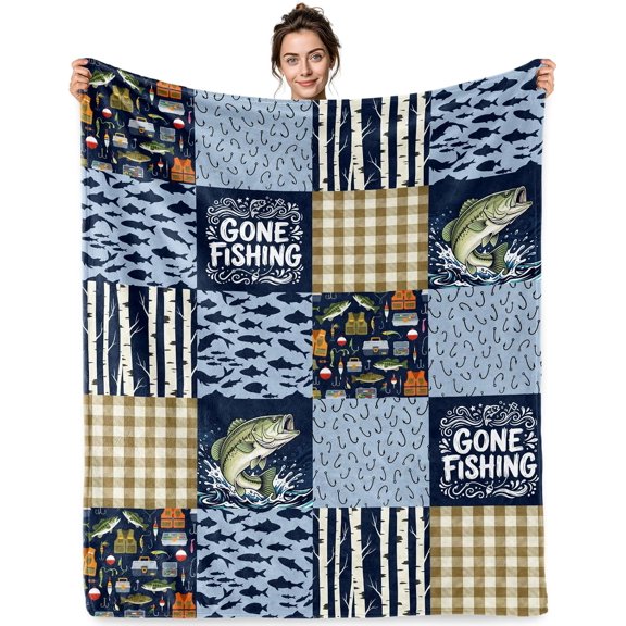 Soft Plush Photo Blanket Gone Fishing Gifts Fish Tackle Throw Customized Gift, Printed Usa