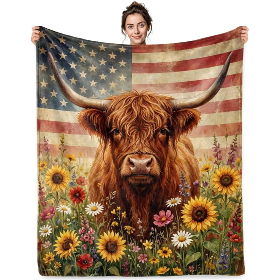 Soft Plush Photo Blanket Highland Cow Gifts American Flag Sunflower Patriotic Customized Throw Gift, Printed In Usa