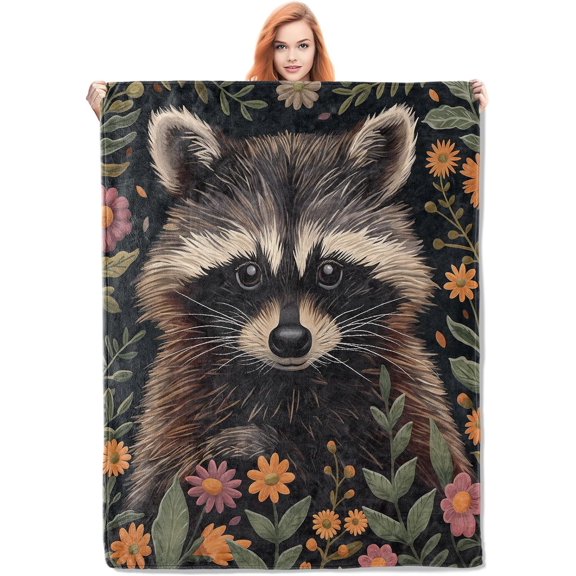 Soft Plush Photo Blanket Raccoon Floral Flannel , Wildlife And Botanical Lightweight Throw S Gifts For Women,50" X 60" Perfect For Couch Bed Home Travel Decor Customized Gift, Printed In Usa